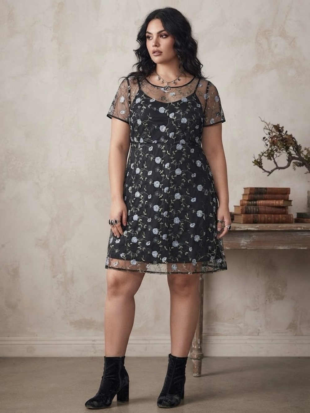 NWOT dELiA*s by Dolls Kill Floral Embroidered Mesh Mini Dress Black/Blue  Sz XXL